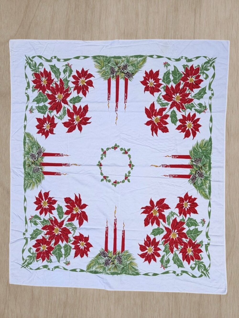 Vintage Christmas Tablecloth Poinsettia Candles Pinecones Holly Holiday MCM 45"